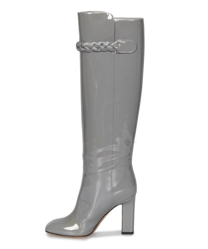 Grey Patent Leather Square Toe Knee High Boots with Block Heels