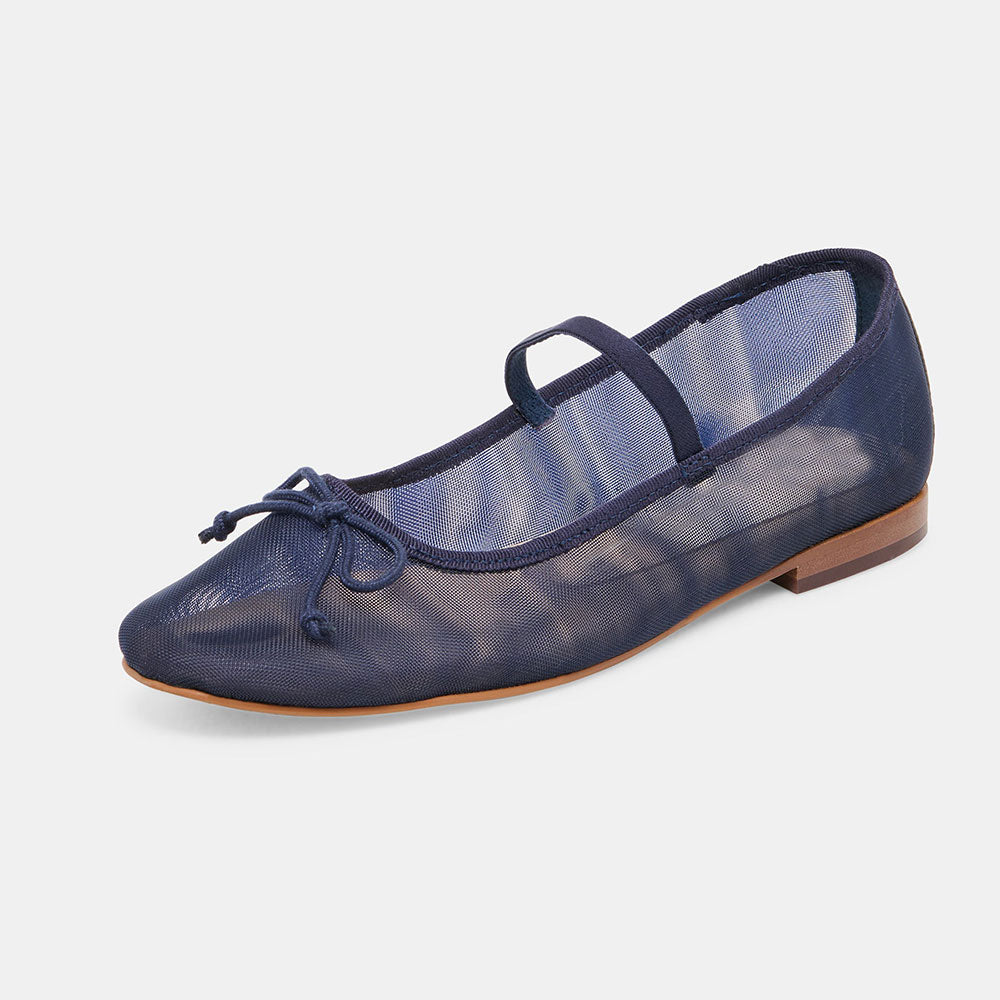 FSJ Navy Mesh Round Toe Bow Simple Ballet Flats with A Strap