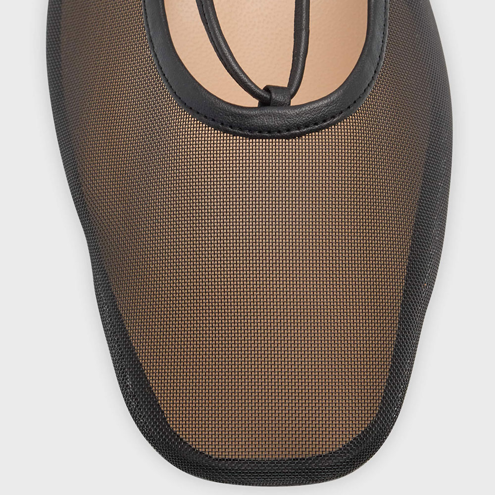 Stylish Black Mesh Square Toe Wrap-Around Ankle Tie Ballet Flats