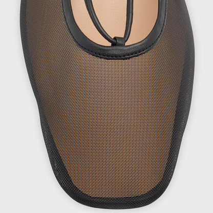 Stylish Black Mesh Square Toe Wrap-Around Ankle Tie Ballet Flats