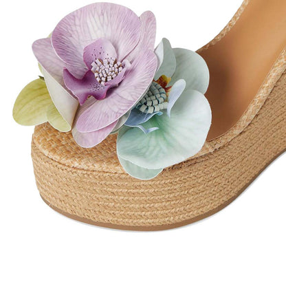Khaki Woven Open Toe Floral Embellished Platform Heel Sandals
