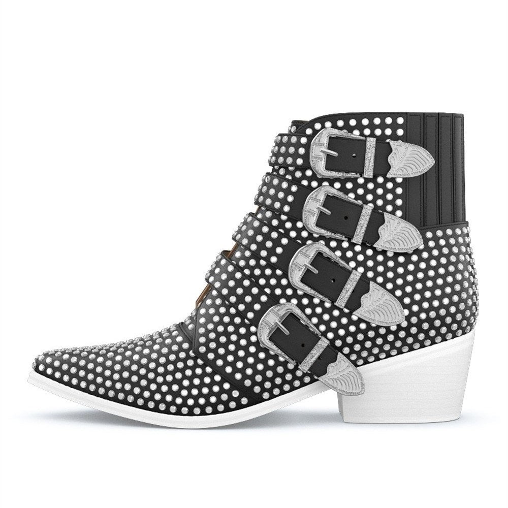 Black Pointed Toe Buckle Strap Rhinestone Hotfix Heeled Ankle Boots