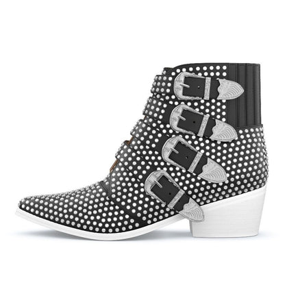 Black Pointed Toe Buckle Strap Rhinestone Hotfix Heeled Ankle Boots