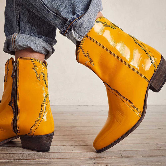Yellow Patent Leather Pointed Toe Chunky Heel Western Ankle Boots