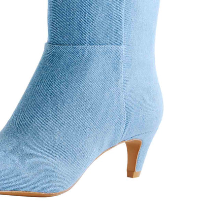 Blue Denim Square Toe Knee High Boots for Women with Kitten Heel