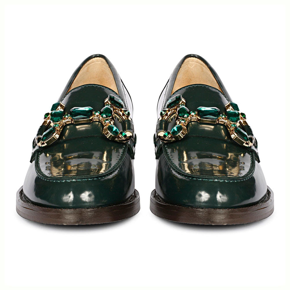 FSJ Luxurious Dark Green Round Toe Jewelry Flat Horsebit Loafers