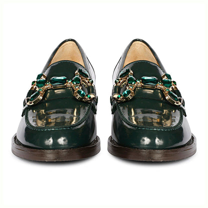 FSJ Luxurious Dark Green Round Toe Jewelry Flat Horsebit Loafers