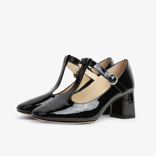 Black Patent Leather Closed Toe Chunky Heel T-Strap Loafers