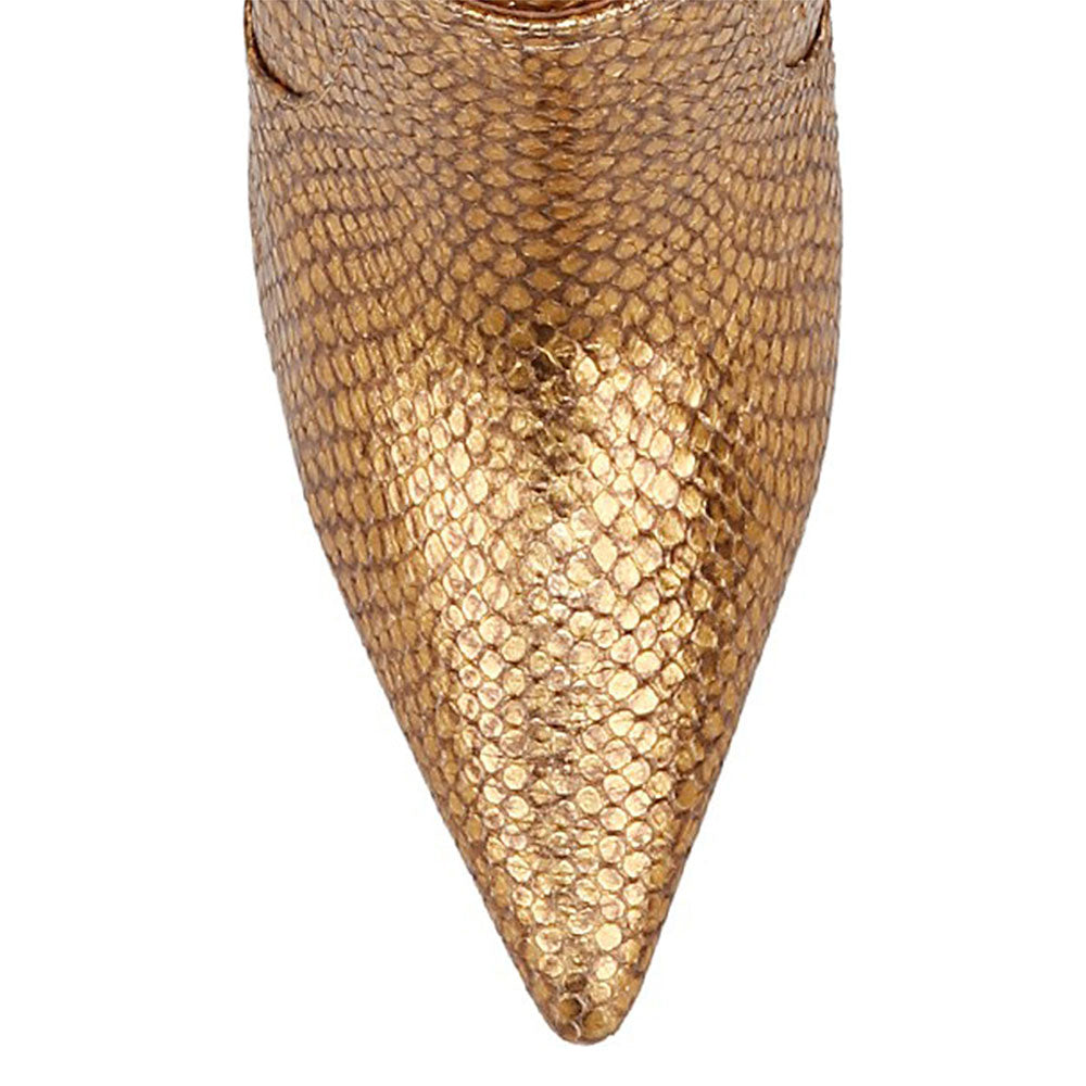 Python Embossed Pointy Toe Buckle Strap Knee High Boots in Gold