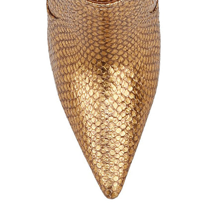 Python Embossed Pointy Toe Buckle Strap Knee High Boots in Gold
