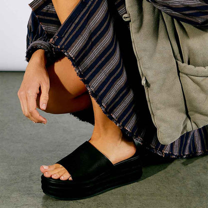 Women's Classic Black Square Toe Platform Wedge Heeled Mules