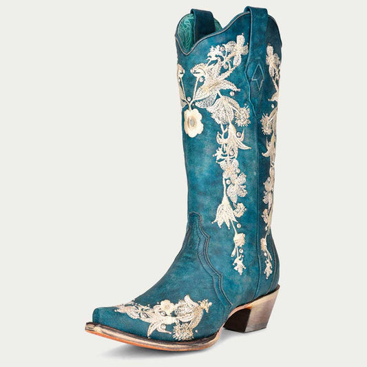 Teal Vegan Suede Embroidered Chunky Heel Mid Calf Cowgirl Boots