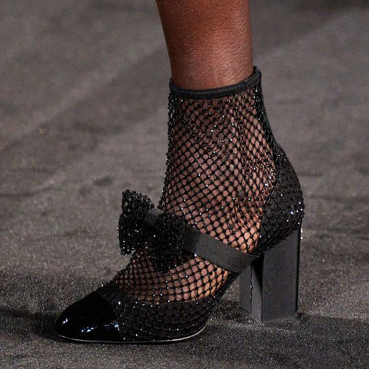 Women's Black Net Round Toe Bow Decor Block Heel Ankle Boots