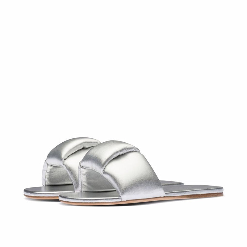 Silver Metallic Padded Slide Sandals Open Toe Flat Shoes for Women