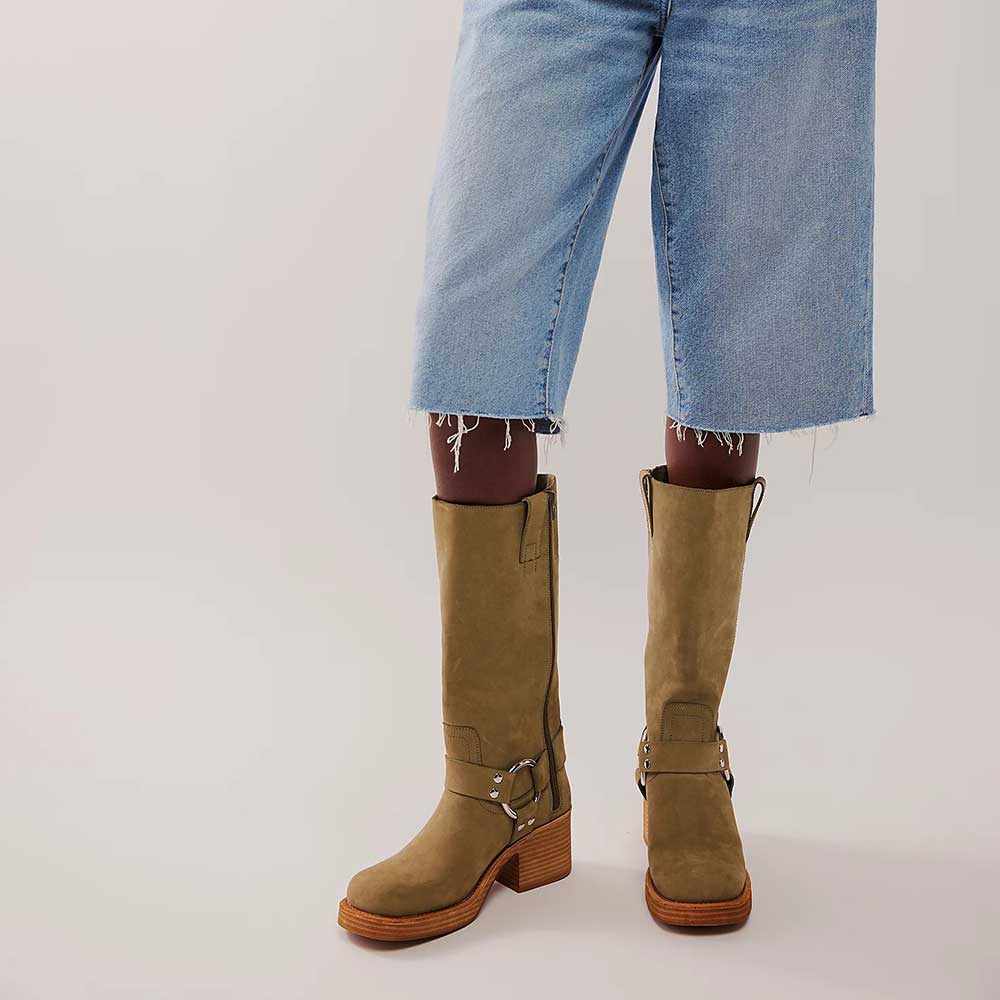 Olive Buckle Square Toe Chunky Heel Platform Zipper Mid Calf Boots