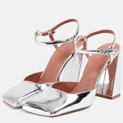 Women's Square Toe Ankle Strap Metallic Silver Pumps with Chunky Heel
