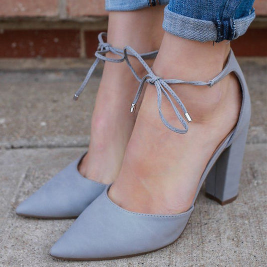 Women's Grey Chunky Heels Office Shoes Pointy Toe Lace Up Pumps