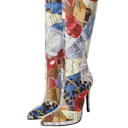 Multicolor Printing Pointed Toe Back Lace-Up Knee High Boots