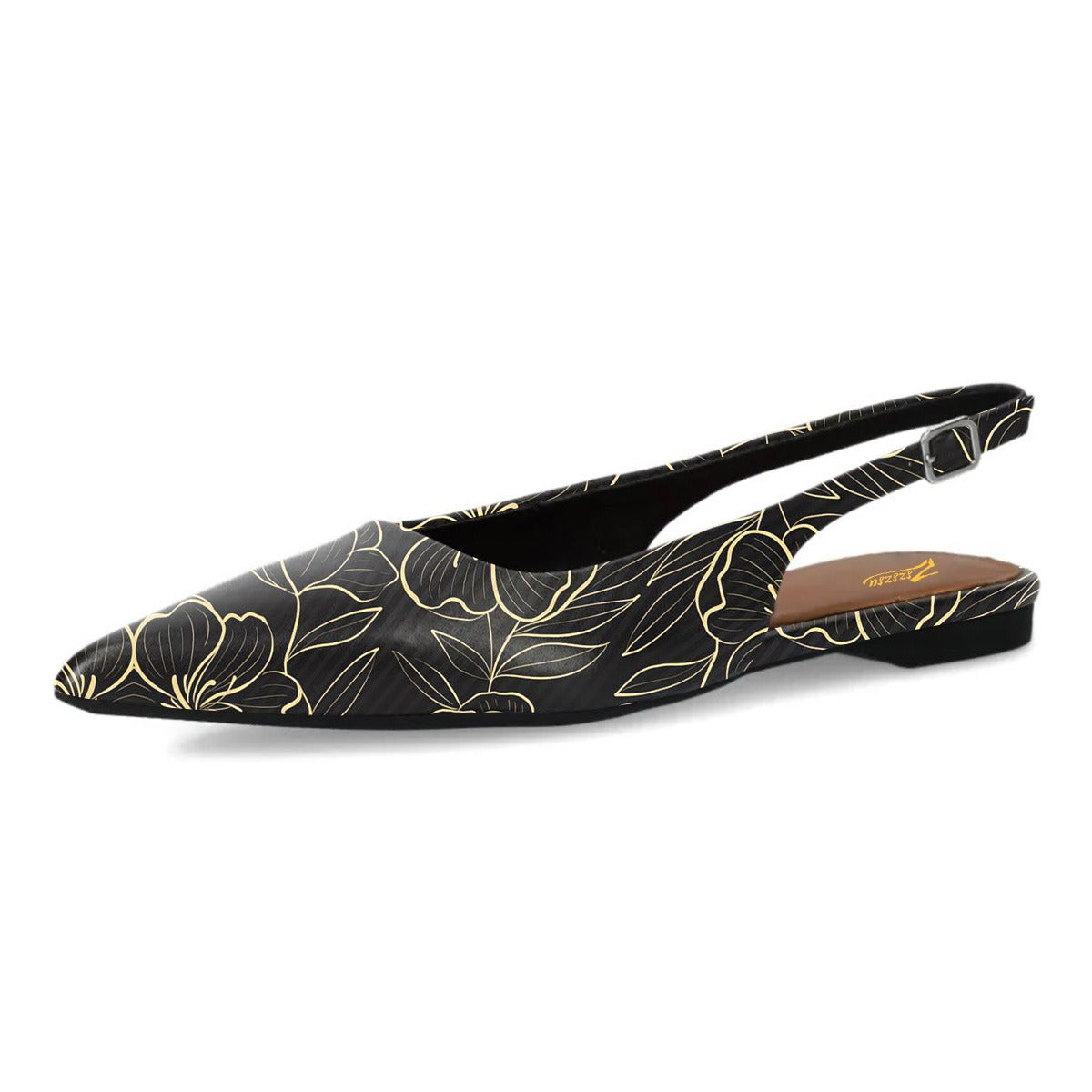 Black Pointed Toe Gold Flower Print Slingback Women's Dress Flats