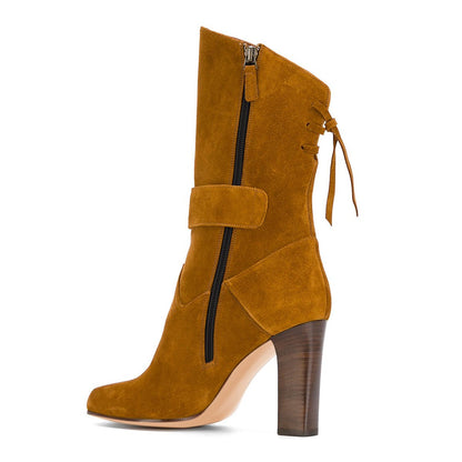 Tan Vegan Suede Back Lace Up Fashion Chunky Heel Mid Calf Boots