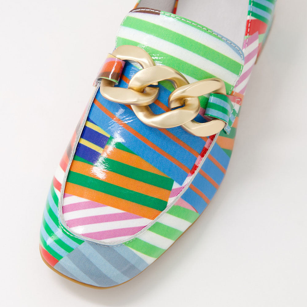 Multicolor Patent Leather Stripe Heeled Loafers with Chunky Chain