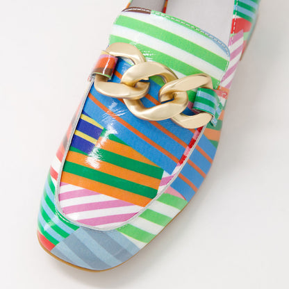 Multicolor Patent Leather Stripe Heeled Loafers with Chunky Chain