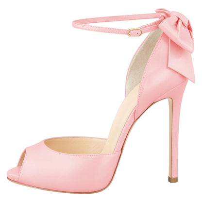 Women's Light Pink Vegan Leather Peep Toe Bow Inlay Ankle Strap Pumps