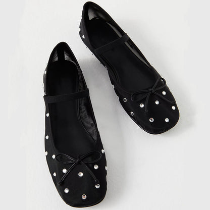 Black Mesh Round Toe Embellished Shiny Ballet Flats