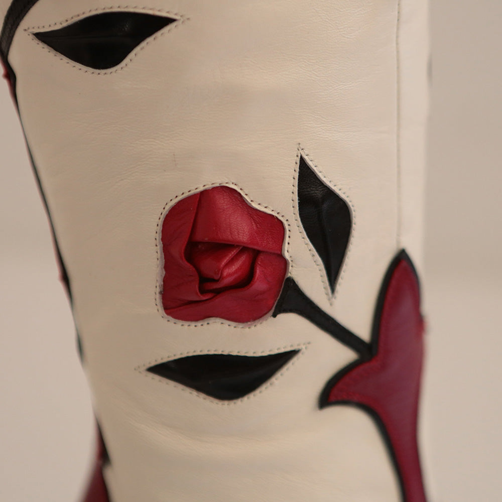 Red and Ivory Pointed Toe Rose Spool Heel Zipper Knee High Boots