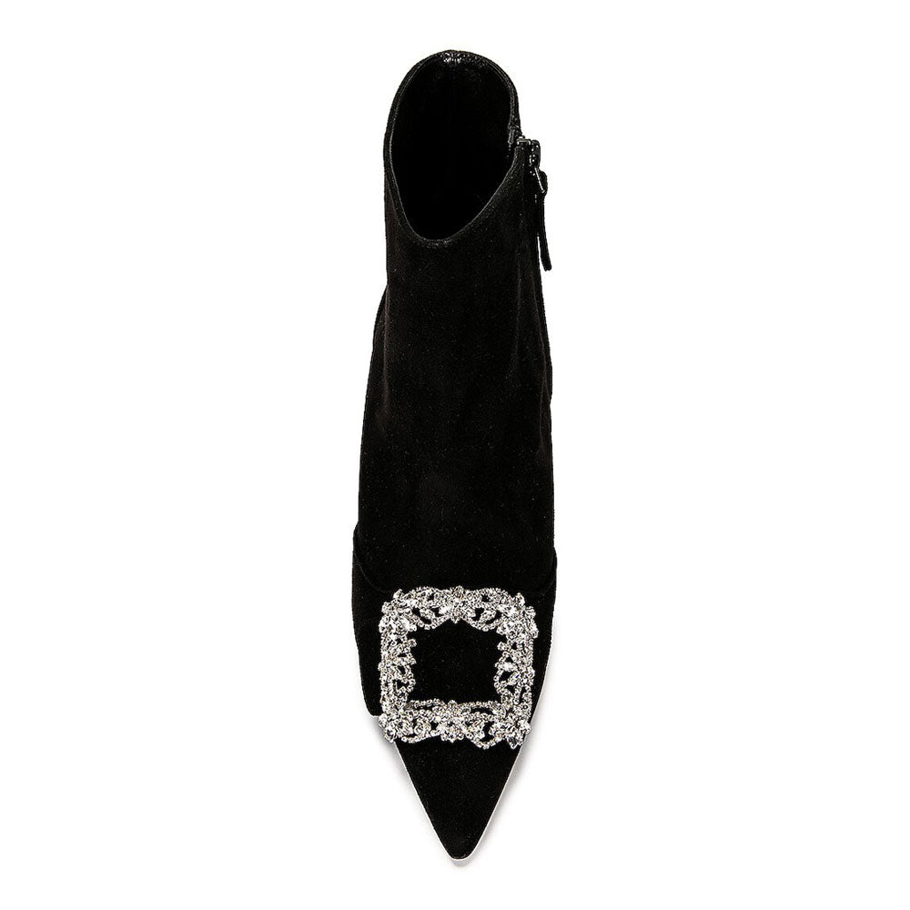 Black Pointed Toe Kitten Heel Ankle Boots with Rhinestone Buckle