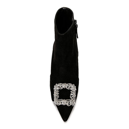 Black Pointed Toe Kitten Heel Ankle Boots with Rhinestone Buckle