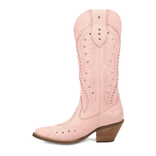 Chic Woven Details Chunky Heel Tall Pink Cowboy Boots with Studs