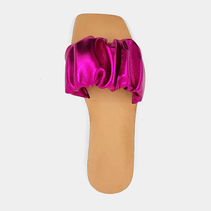 Fuchsia Metallic Ruched Strap Design Square Toe Slip-On Sandals