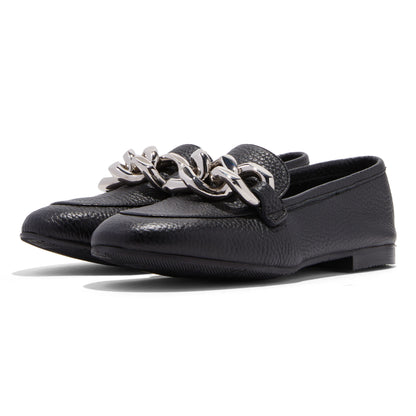 Black Closed Toe Chunky Heel Loafers with Chain