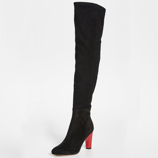 Black Vegan Suede Red Chunky Heel Over-the-Knee Boots with Zip