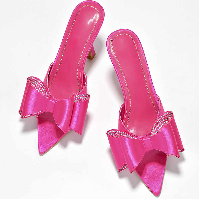 Women's Hot Pink Mules Shoes Pointed Toe Rhinestone Bow Heels