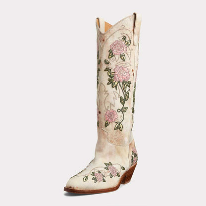 Beige Denim Closed Toe Floral Embroidery Chunky Heel Knee High Boots