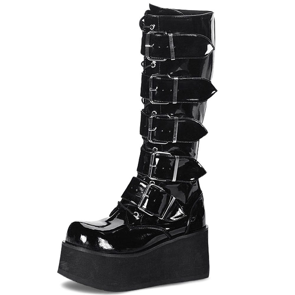 Black Patent Leather Round Toe Wedge Heel Platform Knee High Boots