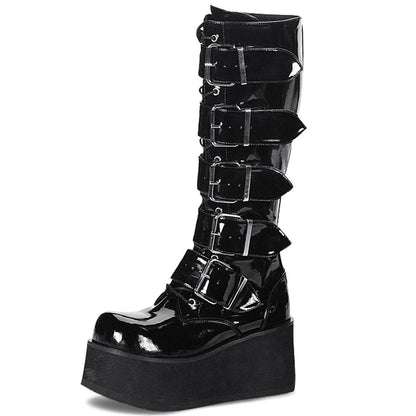 Black Patent Leather Round Toe Wedge Heel Platform Knee High Boots
