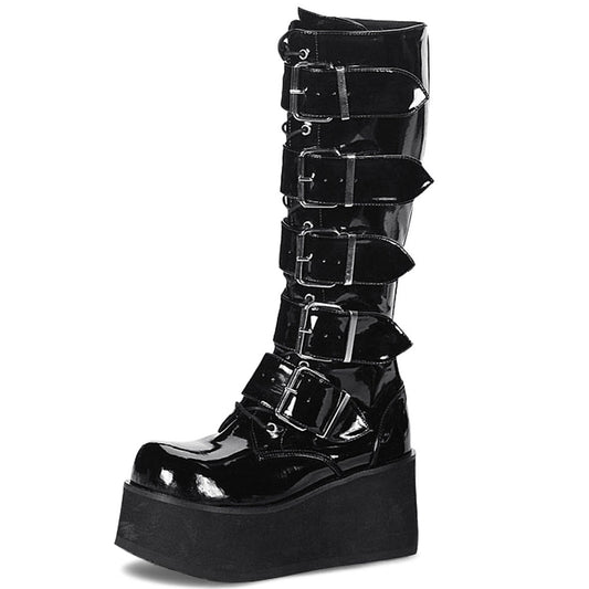 Black Patent Leather Round Toe Wedge Heel Platform Knee High Boots
