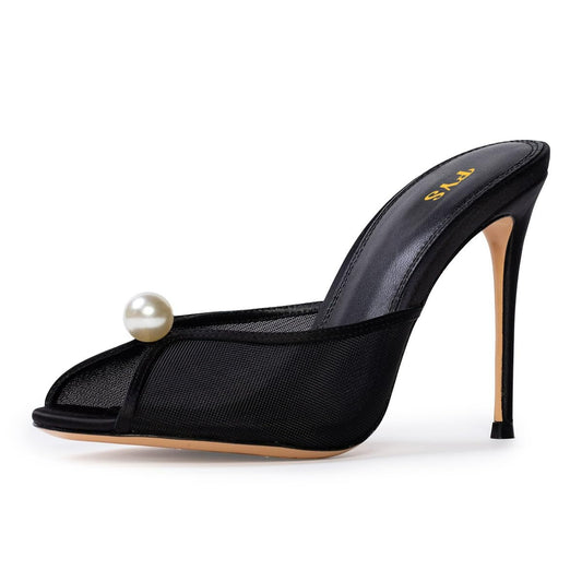 voyabags Black Mesh Pearl Peep Toe Elegant High Heel Mules