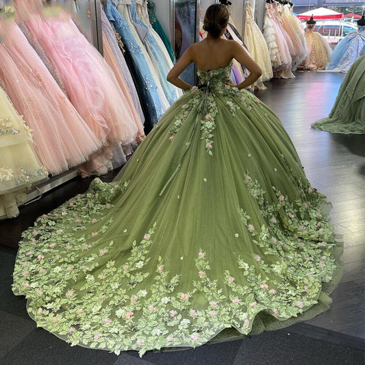 Elegant Sweetheart Green Applique Sweet 16 Quinceanera A-Line Floor-length Prom Dress Birthday Dress Evening Dress Ball Gown TP4419