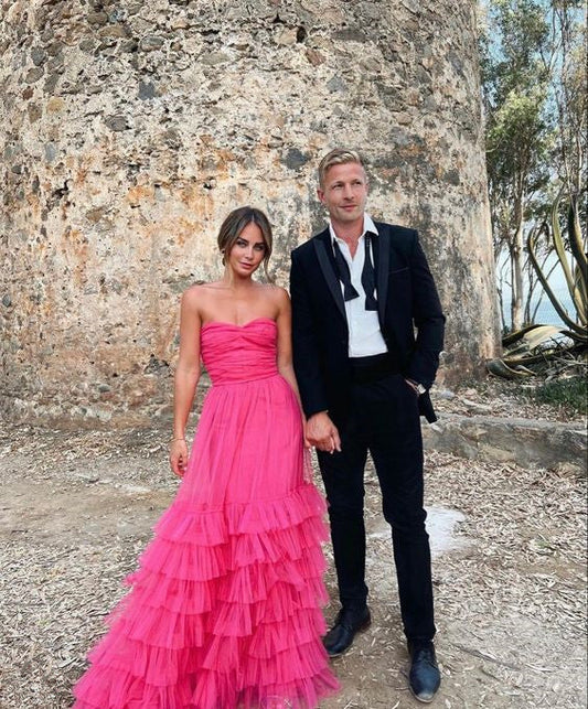 PM491,Strapless Prom Dresses, Hot Pink Ruffles Long Prom Dress Evening Gown