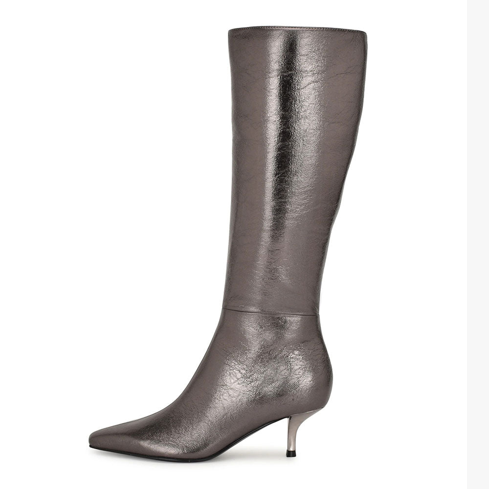 Gray Metallic Finish Square Toe Side Zipper Knee High Boots