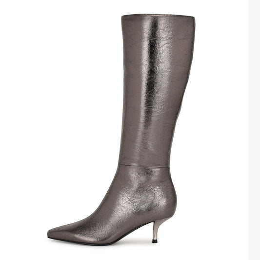 Gray Metallic Finish Square Toe Side Zipper Knee High Boots