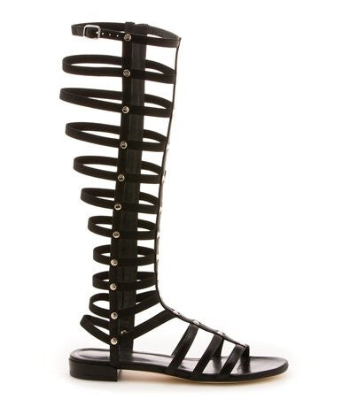 Classic Black Open-Toe Strappy Flats Knee High Gladiator Sandals