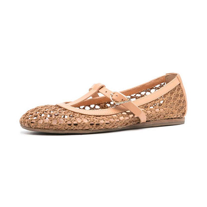 Nude Vegan Leather Round Toe Flat T-Strap Woven Ballet Shoes