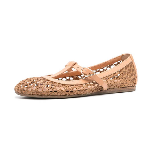 Nude Vegan Leather Round Toe Flat T-Strap Woven Ballet Shoes
