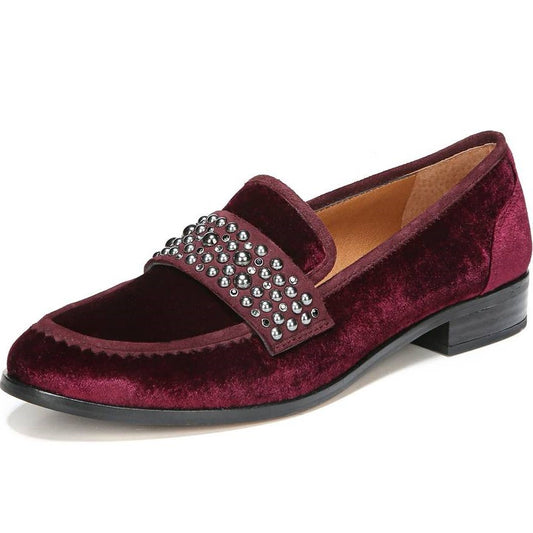 Burgundy Velvet Round Toe Studded Strap Low Heel Women's Loafers