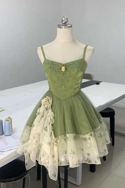Vintage Green Spaghetti Strap Applique A-line Tulle Short Homecoming Dresses TP3924